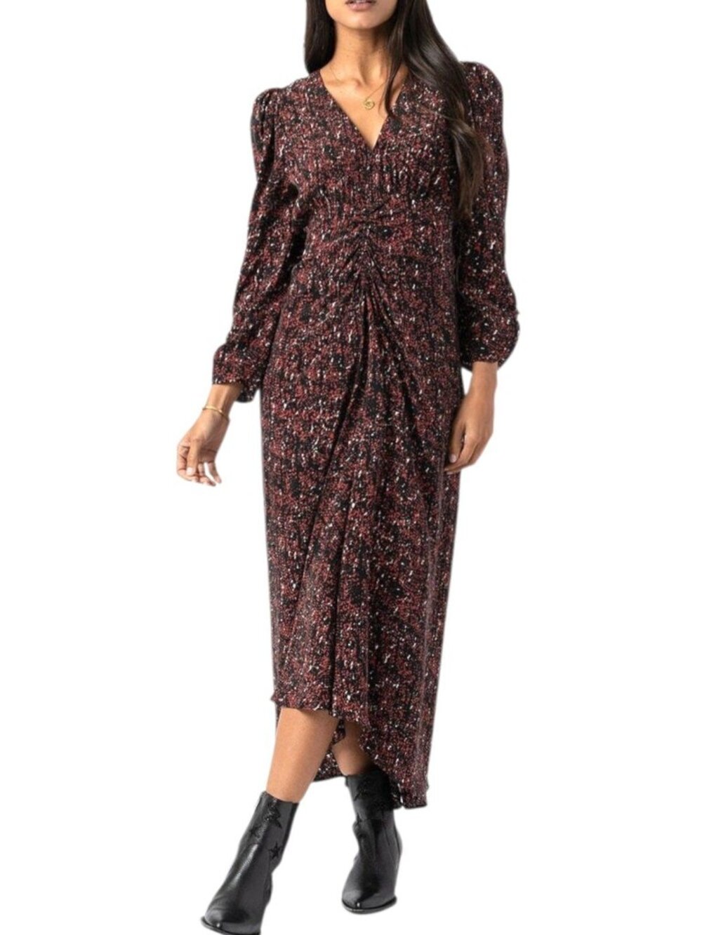 NEW Saint + Sofia Paloma Dress Red Ditsy Leopard Women Size 6 Ruched Long Sleeve
